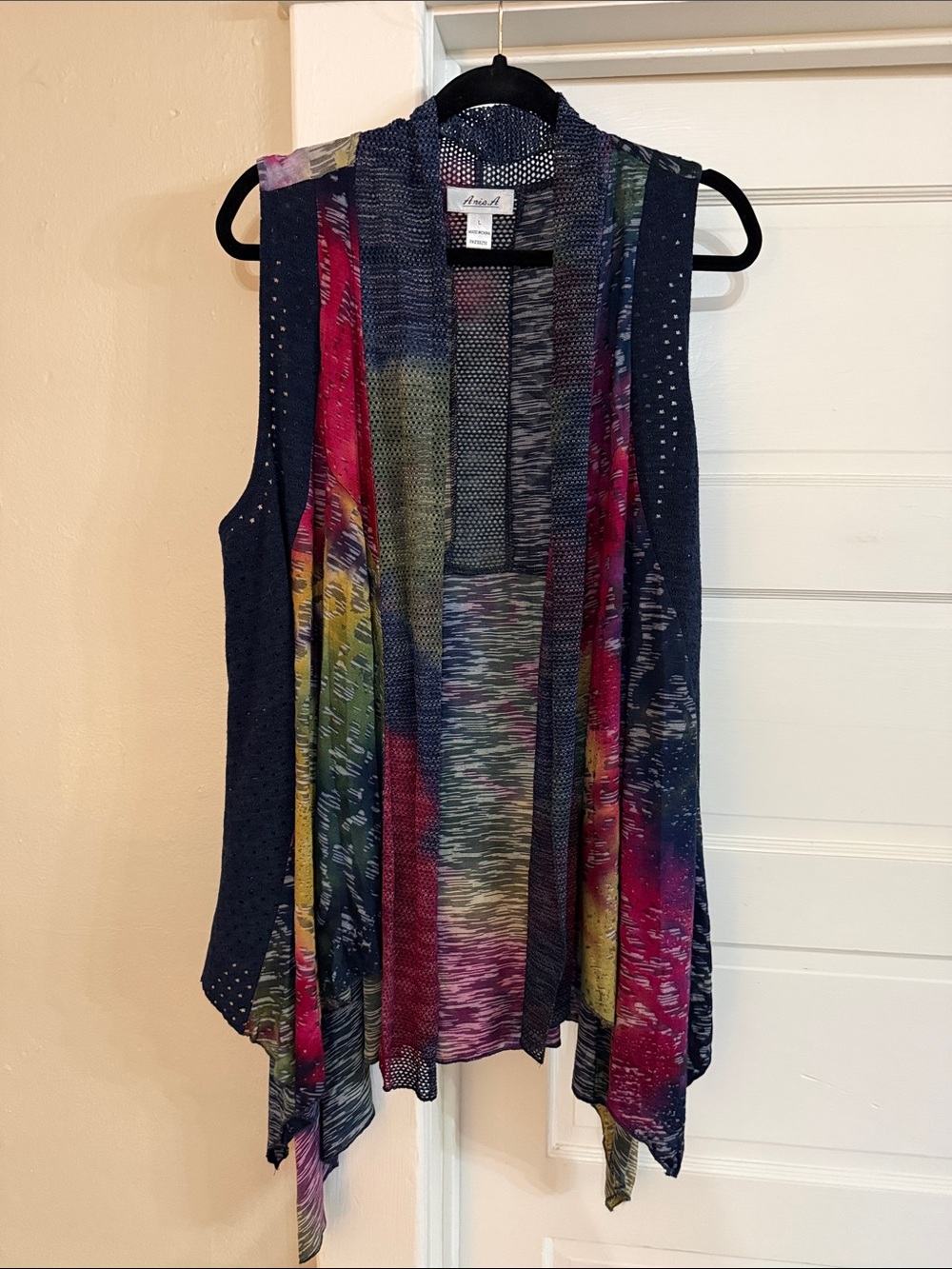 Anis A Navy Open-Front Sleeveless Vest with Multicolor Panels Sz Large Like New